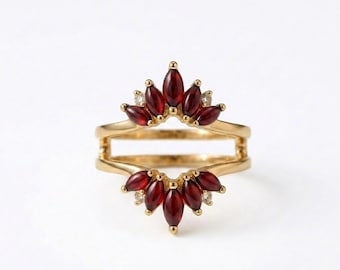 Natural Marquise Red Garnet Ring, Enhancer Gold Plated Crown Wedding Band, Guard Curved Garnet Ring, Wrap Tiara Double Stacking Chevron Ring