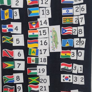May include: A set of 33 colorful flags, each with a number from 1 to 33. The flags are arranged in two columns on a black background. The flags are made of rubber and are about 2 inches tall. The flags are a great way to learn about different countries.