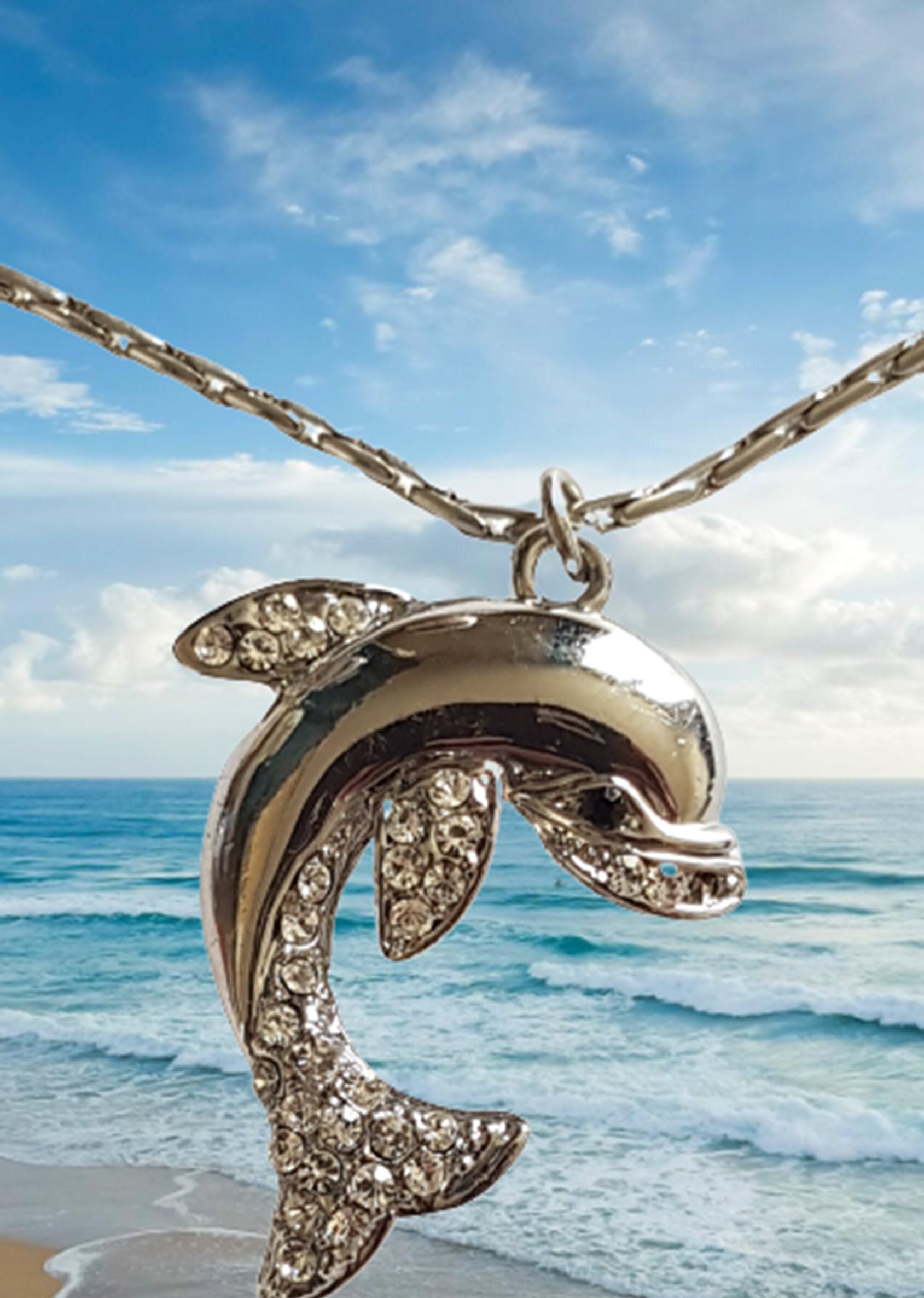 Pendentif Dauphin En Acier Inoxydable Argenté Avec Pierre Rosée - Neuf