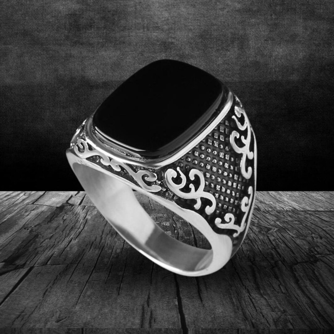 Onyx Stone Men Silver, Square Black Stone Silver Ring, Black Mens