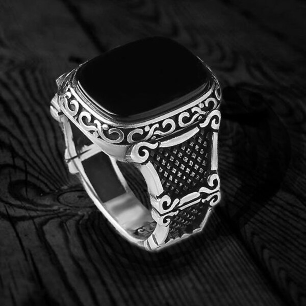 Herrenring Matter Onyx Stein, Silber Ring Quadrat Schwarzer Onyx, Schwarzer Onyx Herrenring, Männer Vintage Ring, Türkischer Handgemachter Silberring