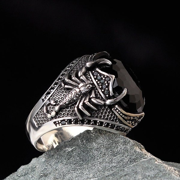 Scorpion Figured Zircon Stone 925 Sterling Silver Mens Ring, Scorpion Ring, Animal Wrap Ring, Jewelry Gift for Mens, Black Gemstone Men Ring