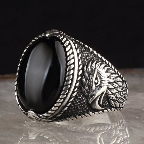 Eagle Onyx Stone 925 Sterling Silver Men Ring, Animal Silver Ring, Black Onyx Stone Ring, Oval Gemstone Ring, Eagle Ring, Gift For Him