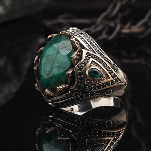 Men Handmade Emerald Stone Ring, Green Emerald Stone Ring, Ottoman Style Men Ring, Gift for Him, 925k Sterling Silver Ring, Gift for Men