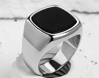 Anillo de sello de ónix negro, anillo de bodas de ónix para hombres, anillo minimalista para hombres, anillo de hombres modernos, anillo para hombres de sello, anillo de regalo para hombres, anillo de cojín de ónix para hombres