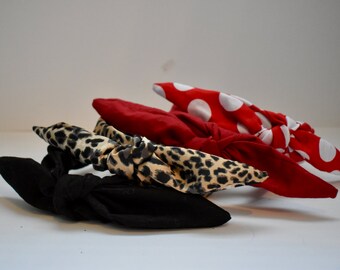 Bow Headband Women Top Knot Leopard, Red, polka dot, and black Hair band