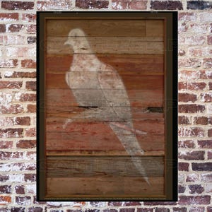 May include: A framed artwork featuring a white dove illustration on a rustic wooden background. The dove is depicted in a simple, elegant style, set against the warm tones of the wood. The frame is dark brown.