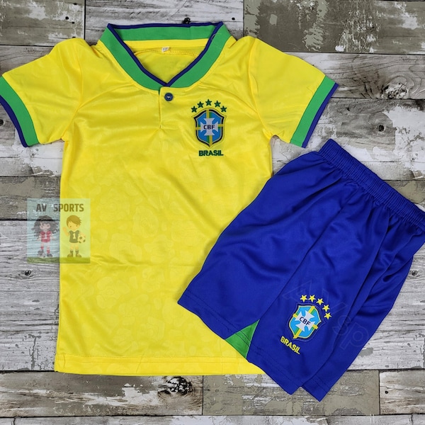 Brasil Kids Jersey, Soccer Jersey, Playera de Niño Brasil Jersey/ color amarillo y verde, incluye camiseta y pantalones cortos