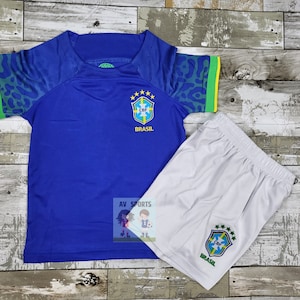 Brasil Kids Jersey, Soccer Jersey, Playera de Niño Brasil Jersey/ color Azul, incluye camiseta y pantalones cortos