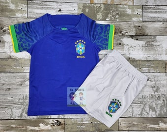 Brasil Kids Jersey, Soccer Jersey, Playera de Niño Brasil Jersey/ color Azul, incluye camiseta y pantalones cortos