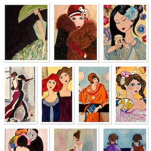 NOTECARD GIFT SETS - 10 Assorted Original Art Deco Watercolors of Women & Children. Blank inside. Envelopes included.