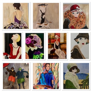 EINZIGARTIGE BEAUTIFUL NOTECARD Geschenk-Sets Option # 1: Zehn (10) Karten mit Aquarellen von Art-Deco-Frauen auf der Vorderseite; innen blanko.