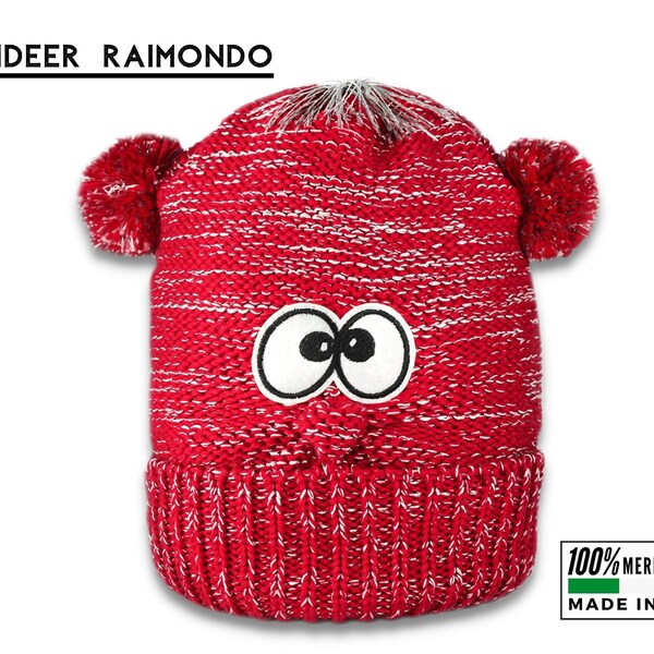 Reindeer red wool hat for children with pom pom