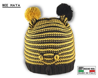 Winter hat for children with pom pom, Yellow bee, Made in Italy, birthday gift