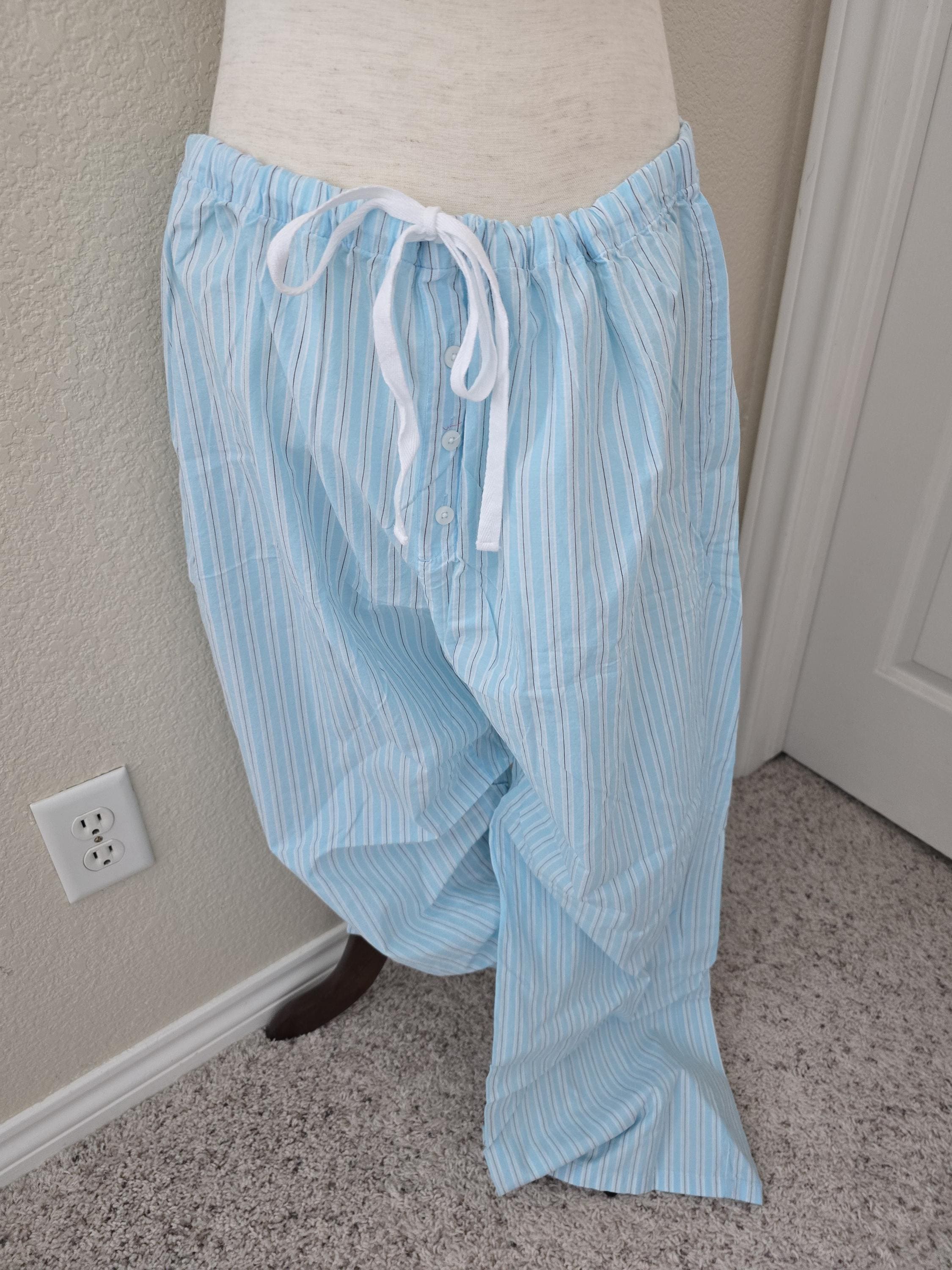 Pantalones de pijama de popelina de algodón de raya diplomática en azul petirrojo y blanco de Old Navy, de la década de 1990, raros y vintage, con bragueta con botones falsos