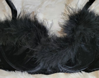 Very Rare 1980's Vintage Black Velvet and Feather Balconette Bra