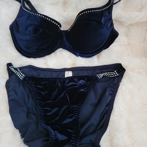 Rare 1990s Victoria&#39;s Secret Navy Velvet with Rhinestones Bra and Panty Set