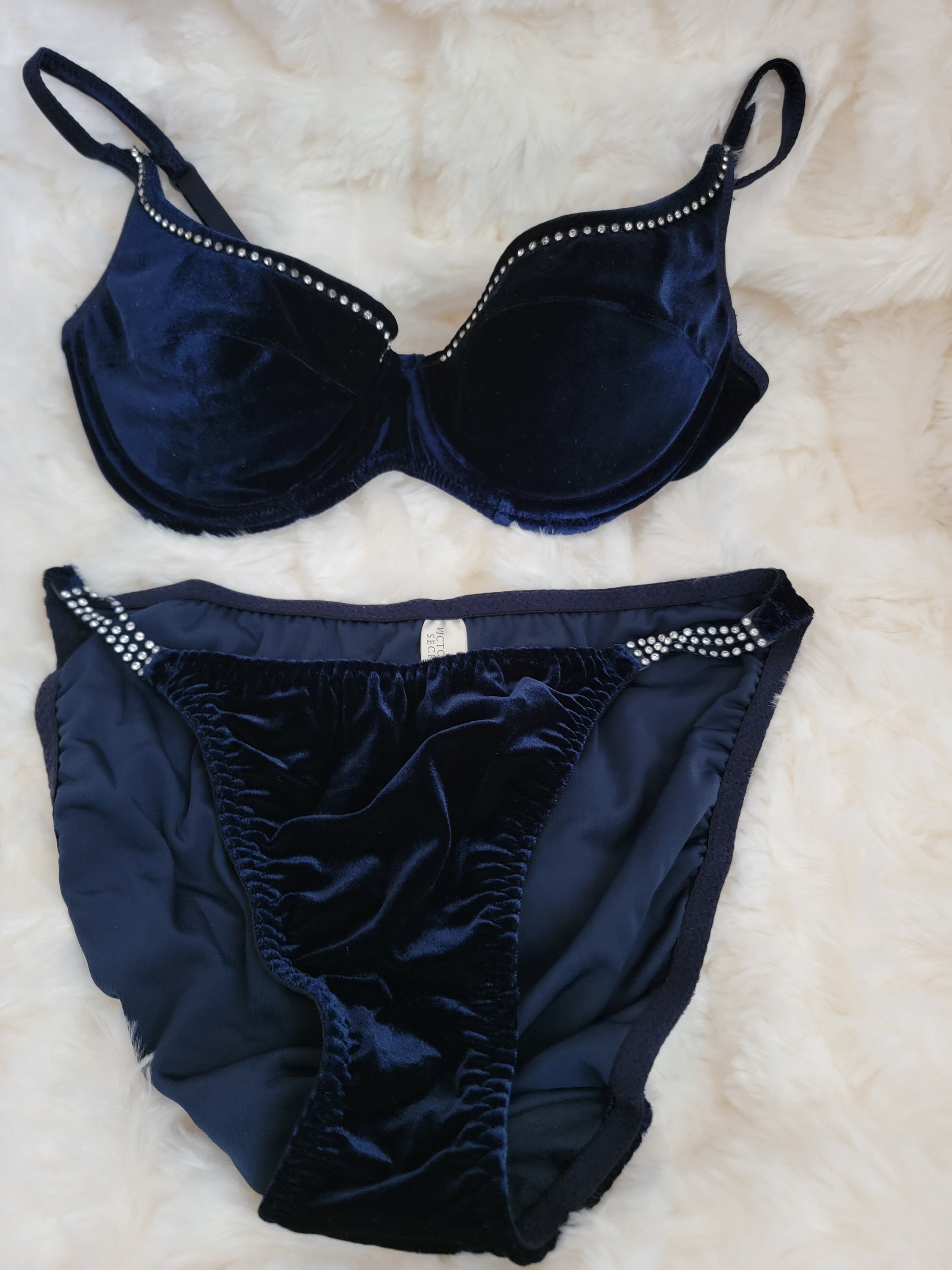 Buy online Navy Blue Satin Bra And Panty Set from lingerie for