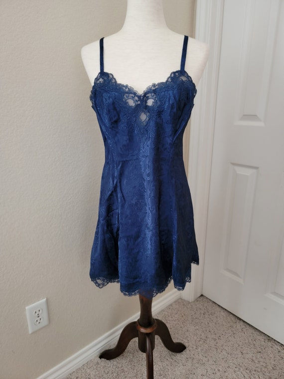 Rare Vintage 1980s Victoria's Secret Gold Label Navy Blue Brocade Satin and Lace Chemise