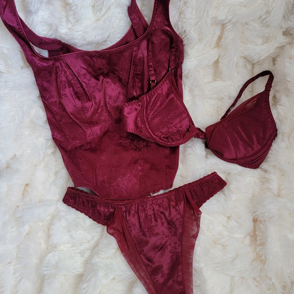 Very Rare Vintage Victoria's Secret Early 90s Deep Ruby Red Jacquard Satin Corset Cami, Bra and Thong Set