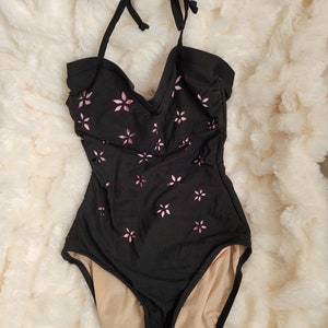 Vintage 1990s Carol Wior Black and Pink Floral Cut Out Swimsuit