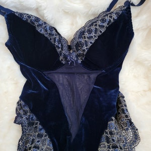 Very Rare Early 1990&#39;s Vintage Victoria&#39;s Secret Navy Blue Velvet and Unlined Gold Lace One Piece Teddy or Bodysuit with Garters