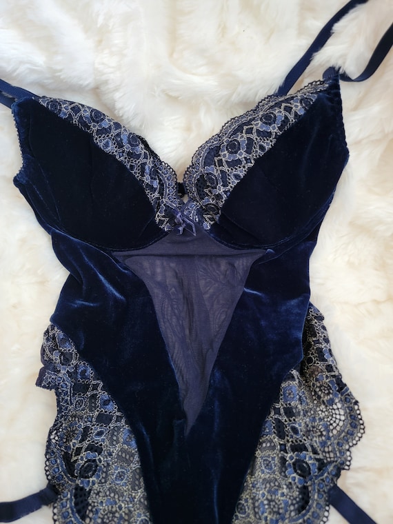 Y2K Victoria's Secret Velvet Electric Blue Stretch Lace Mesh Cami Bodysuit  Teddy