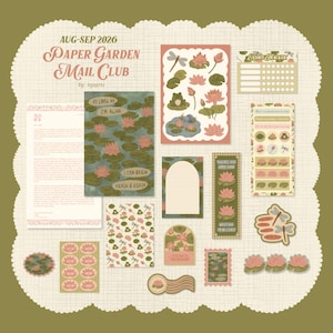 May include: A stationery set titled Paper Garden Mail Club Aug-Sep 2026 featuring a letter, stickers, and cards with illustrations of pink water lilies, green lily pads, frogs, and dragonflies in muted earth tones on a grid background.