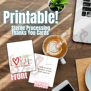 Puede incluir: Tarjetas de agradecimiento imprimibles para el procesamiento estéril. La parte delantera de la tarjeta presenta un diseño de corazón rojo y tijeras con las palabras "LOVE Sterile Processing". El interior de la tarjeta dice: "GRACIAS POR LA DIFERENCIA QUE HACES CADA DÍA."