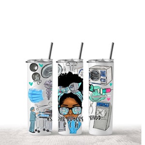 May include: Three stainless steel tumblers with a white background and colorful designs. The tumblers feature a cartoon illustration of a Black woman with a blue headscarf and glasses. The text "Sterile Process Tech" is on the middle tumbler. The other tumblers have medical equipment and tools.