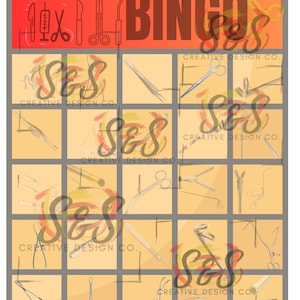 May include: A bingo card with a surgical instrument theme. The card has a 5x5 grid with images of different surgical instruments in each square. The top of the card says "Surgical Instrument Bingo".