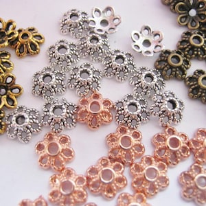 50 Flower Bead Caps 6mm 1/4in Antique Silver Gold Rose Gold Bronze or Mixed Colours Beads Ends Caps Jewellery Making Findings