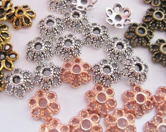 50 Flower Bead Caps 6mm 1/4in Antique Silver Gold Rose Gold Bronze or Mixed Colours Beads Ends Caps Jewellery Making Findings
