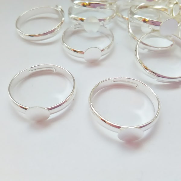 10 Adjustable Ring Blanks Silver Plated Ring Settings 6mm Pad 1/4in Glue On Cabochon Ring Children's Jewellery Making Findings