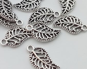 10 Small Silver Plated Leaf Charms 15mm x 8mm Silver Plated Pendant Dangle Drops for Earrings and Charm Bracelets