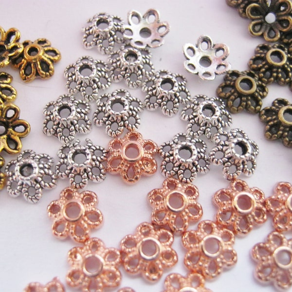 50 capuchons de perles fleurs 6 mm 1/4 po. argent antique or or rose bronze ou perles de couleurs mélangées embouts capuchons fabrication de bijoux