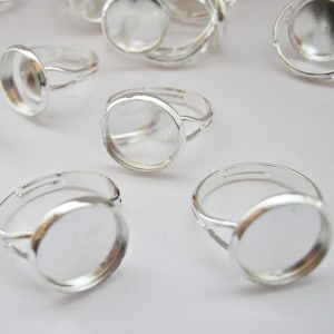 10 Silver Plated Ring Blanks Bezel Tray Settings Adjustable Fits 12mm 1/2in Cabochons  Ring Components Pads Jewellery Making Findings