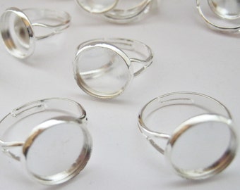 10 Silver Plated Ring Blanks Bezel Tray Settings Adjustable Fits 12mm 1/2in Cabochons  Ring Components Pads Jewellery Making Findings