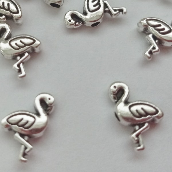 10 Small Flamingo Beads  12mm x 8mm Silver Plated Bird Beads for Jewellery Making Metal Flamingo Spacer Beads