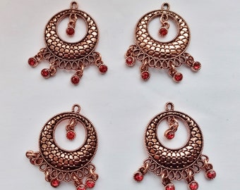 4 Copper Round Chandelier Earring Settings with Red Rhinestones 30mm 1 1/4in  Bronze Pendant Earring Components for Jewelry Making