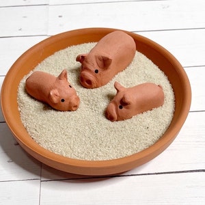 Könnte beinhalten: Drei kleine Terrakotta-Schweinefiguren liegen in einer mit Sand gefüllten Terrakotta-Schale.