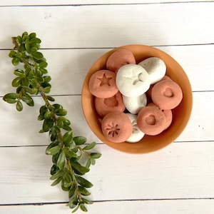 以下が含まれることがあります： ピンクと白の色合いの、小さくて丸い、質感のある石が詰められたテラコッタのボウル。星、ハート、花の刻印が施された石もあります。緑の葉の枝が左側にあり、白い木の背景に配置されています。