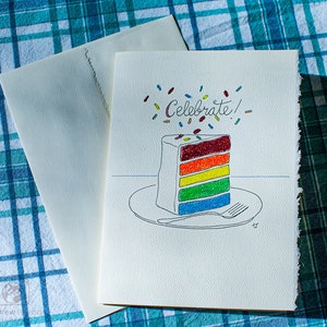 Greeting Card with Rainbow Slice of Cake with &quot;Celebrate&quot; above