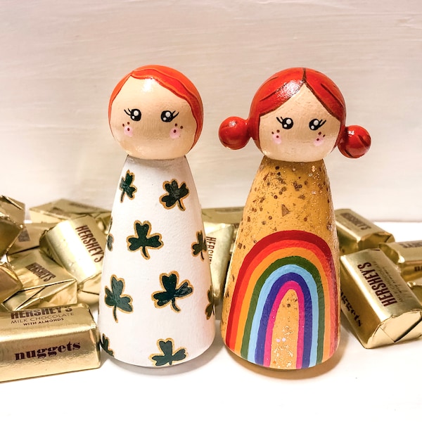 St Patricks Day Peg Dolls | Rainbow Peg Doll | Clover Peg Doll | St Patricks Day | Rainbow | Clover | Irish Peg Dolls | Hand Painted