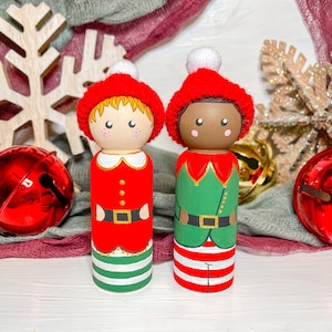 Boy Elf Peg Dolls | Red and Green Elves | Christmas Gift | Christmas Decor | Christmas Toy | Hand Painted | Hand Painted Gift