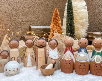 Nativity Peg Doll Set | 13 Piece | Hand Painted | Christmas Decorations | Neutral Color Nativity | Christmas Gift | Wooden Nativity Set