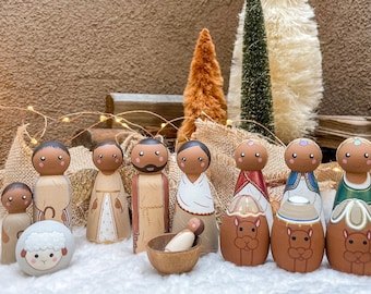 Nativity Peg Doll Set | 13 Piece | Hand Painted | Christmas Decorations | Neutral Color Nativity | Christmas Gift | Wooden Nativity Set