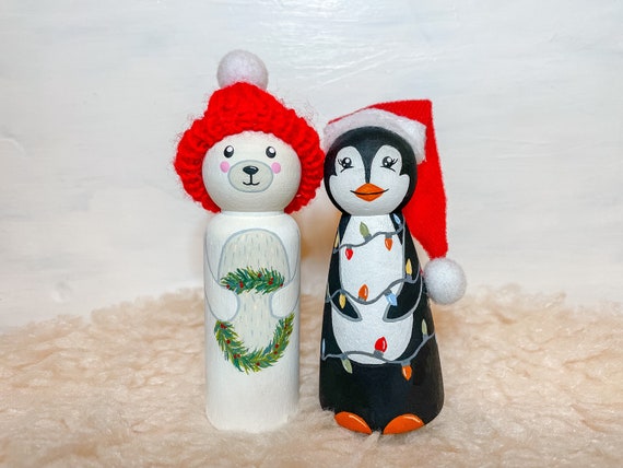 Christmas Penguin and Christmas Polar Bear Peg Dolls | Christmas Penguin | Christmas Polar Bear | Christmas Gift | Hand Painted | Decor