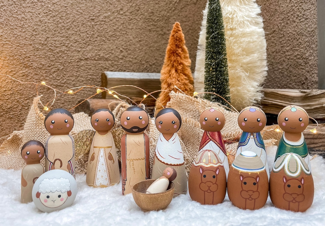 Nativity Peg Doll Set 13 Piece Hand Painted Christmas Decorations  Neutral Color Nativity Christmas Gift Wooden Nativity Set