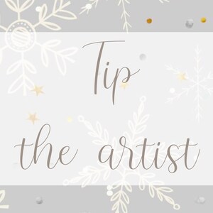 Op de afbeelding: Een witte achtergrond met een grijs rechthoek in het midden. De rechthoek bevat de tekst "Tip the artist" in bruin cursief schrift.